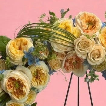 A circular floral wreath with yellow and cream roses, blue filler flowers, and green foliage, displayed on a black metal stand against a solid pink background.